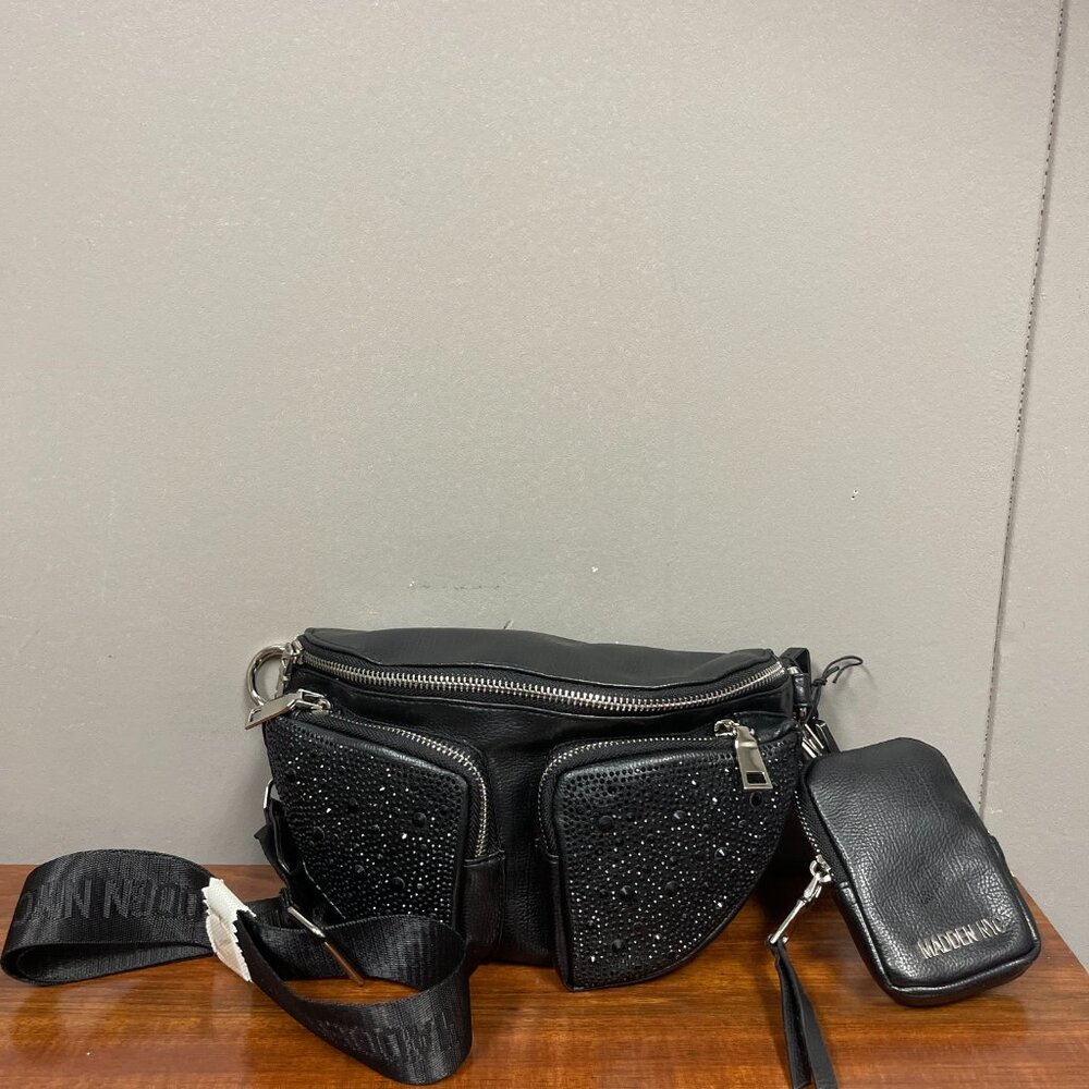 Madden NYC Womens Embellished Multi Pocket Fannypack Crossbody W/Pouch Black New